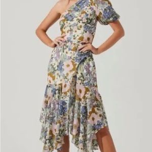 ASTR The Label Santorini One Shoulder Floral Midi Dress